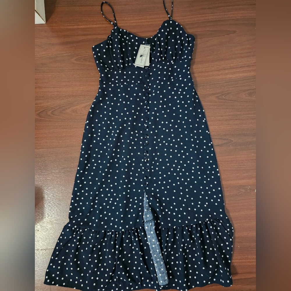 Polka Dot Navy Midi Dress with Ruffled Hem